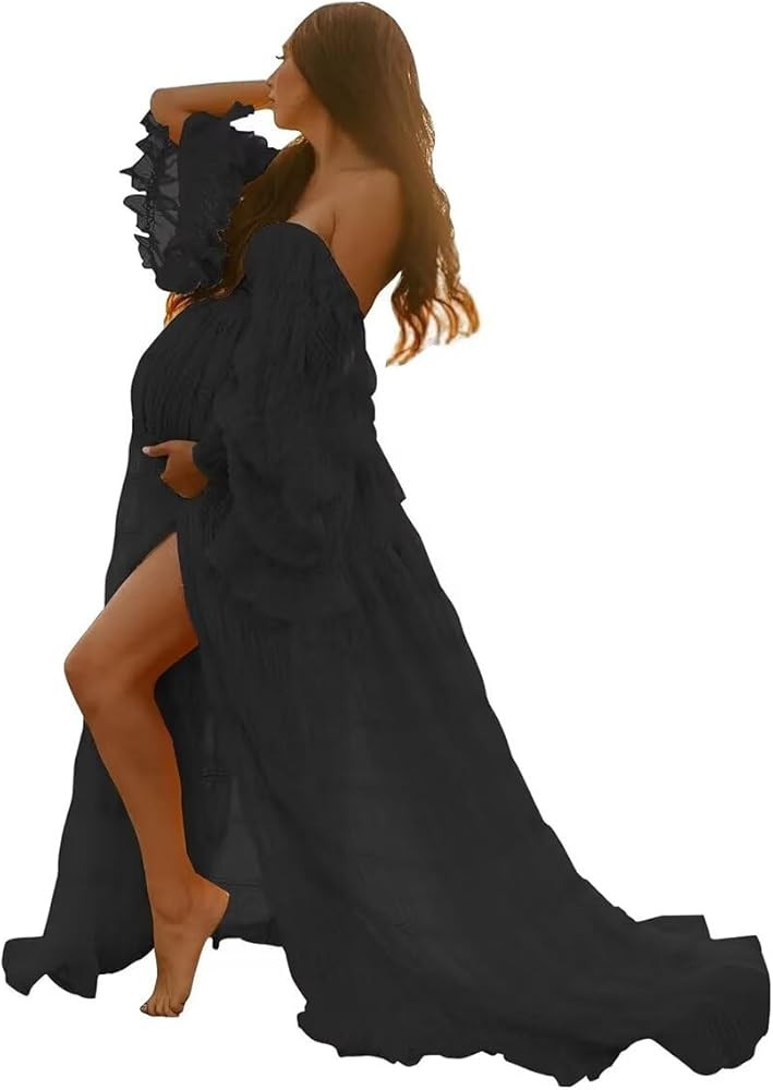 Maternity Robe for Photoshoot Tulle V-Neck Ruffle Slit Long Sleeves Pregnancy Baby-Shower Bridal ... | Amazon (US)