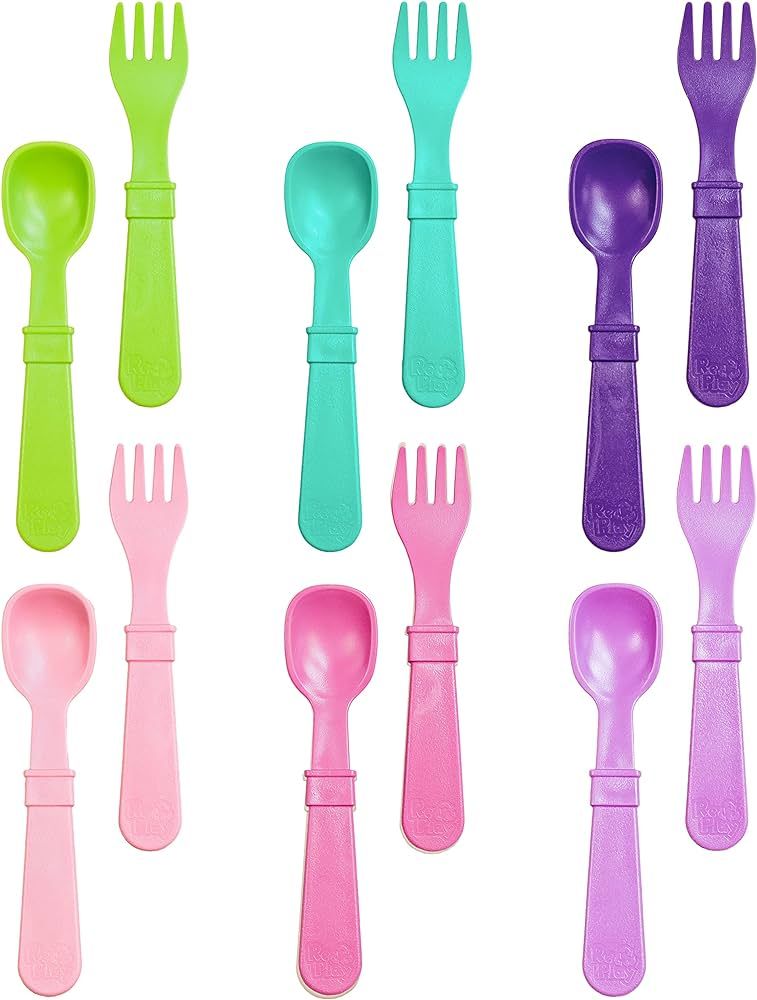 RE-PLAY Made in USA 12pk Fork and Spoon Utensil Set for Baby & Toddler Feeding in Aqua, Lime, Blu... | Amazon (US)