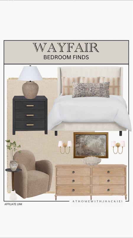 Wayfair bedroom finds, neutral bedroom, black nightstand, wooden dresser, pottery barn dupe, black accent chair, sitting area, accent table, king bed, primary bedroom, decor on sale, framed wall art, wall sconces, neutral decor. 

#LTKHome #LTKStyleTip