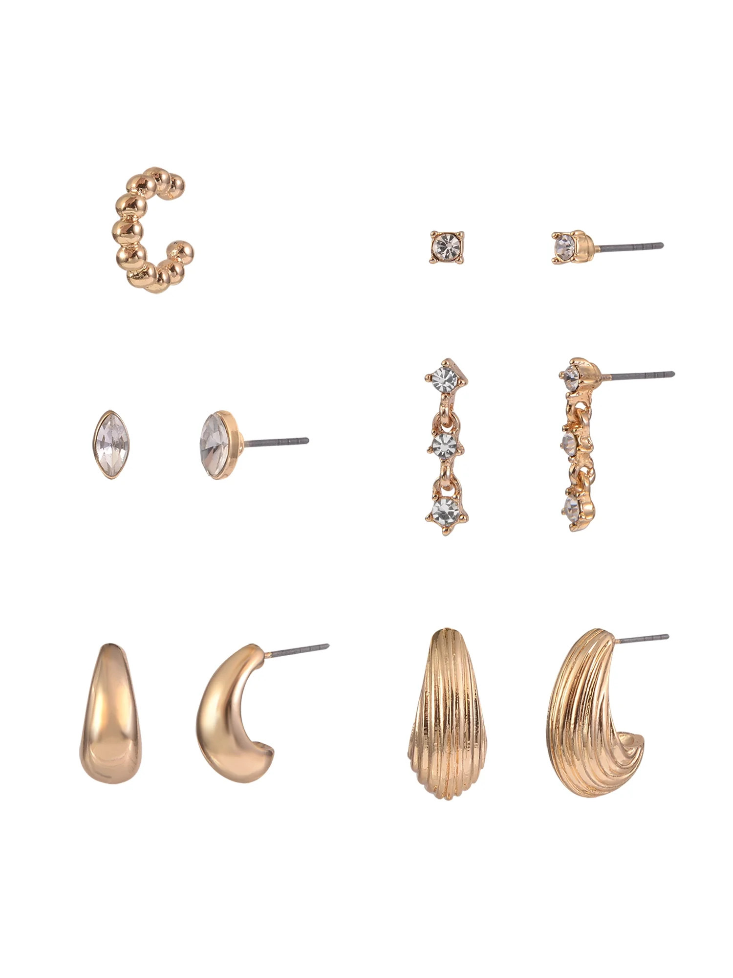 Time and Tru Adult Female Gold-Tone 5 Pair Crystal Stone Navette and Textured Hoop Multi Stacker ... | Walmart (US)