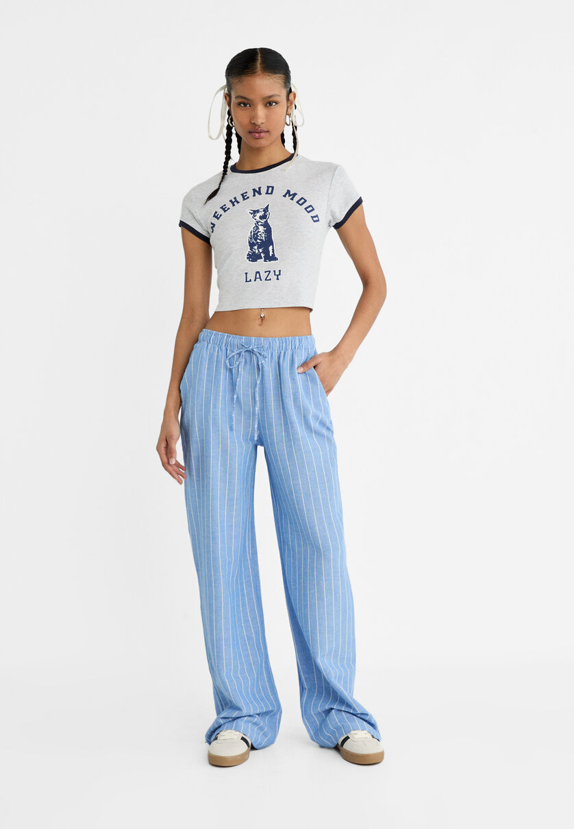Striped relaxed fit linen blend trousers - Women's fashion | Stradivarius United Kingdom | Stradivarius (UK)
