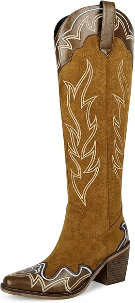 wetkiss Knee High Cowboy Cowgirl Boots for Women, with Unique Embroidery, Side Zipper and Chunky ... | Amazon (US)
