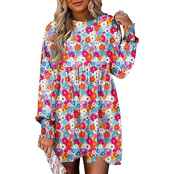 Dokotoo Casual Dresses for Women Flowy Boho Floral Long Sleeve Empire Waist Babydoll Mini Dress | Amazon (US)