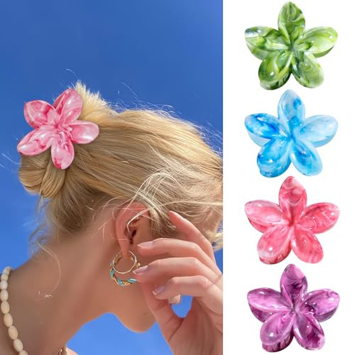 Flower Claw Clips, 4PCS Hawaiian Plumeria Flower Hair Clips, Artistic Multi Color Smudge Pattern Barrettes, Beach Tropical Hair Accessories for Women and Girls, Color P | Amazon (US)