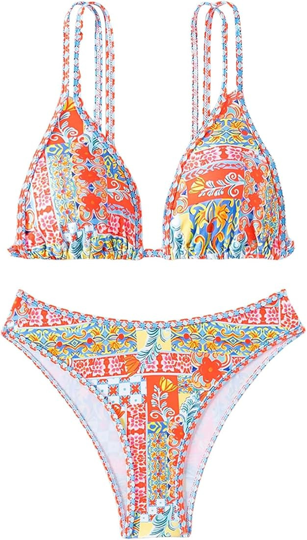 MakeMeChic Women's Two Piece Bathing Suit Floral Triangle Swimsuit High Cut Tie Side Bikini Sets | Amazon (US)