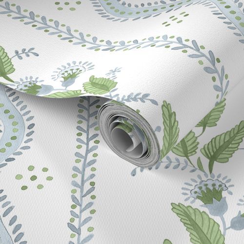 Soft Blue and greens on white Wallpaper | Spoonflower