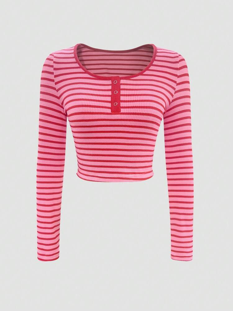 Striped Knit Long Sleeve Crew Neck Button-Up Sweater, Casual Everyday Wear, Commute, Travel, Business, Holiday, Autumn/Winter New | SHEIN