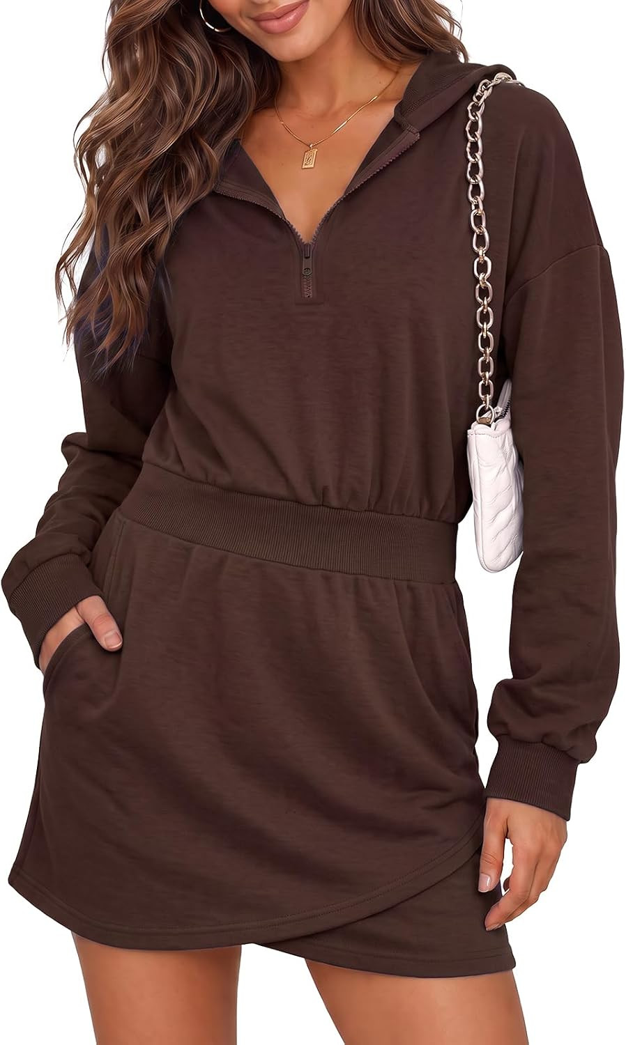 Fisoew Womens Hoodies Sweatshirt Dress Half Zip Elastic Waist Mini Dress | Amazon (US)