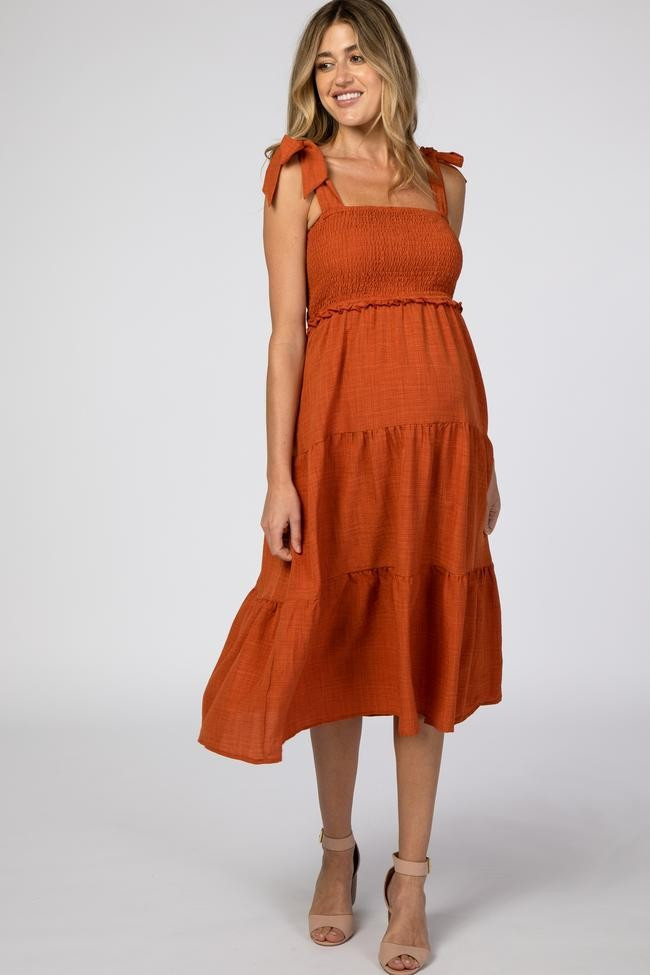 Rust Bow Strap Tiered Maternity Midi Dress | PinkBlush Maternity