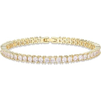 PAVOI 14K Gold Plated Princes Cut Cubic Zirconia Classic Tennis Bracelet | Gold Bracelets for Wom... | Amazon (US)
