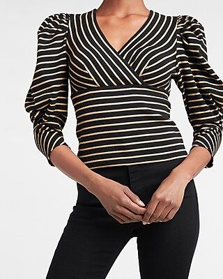 Striped Puff Sleeve Wrap Top | Express