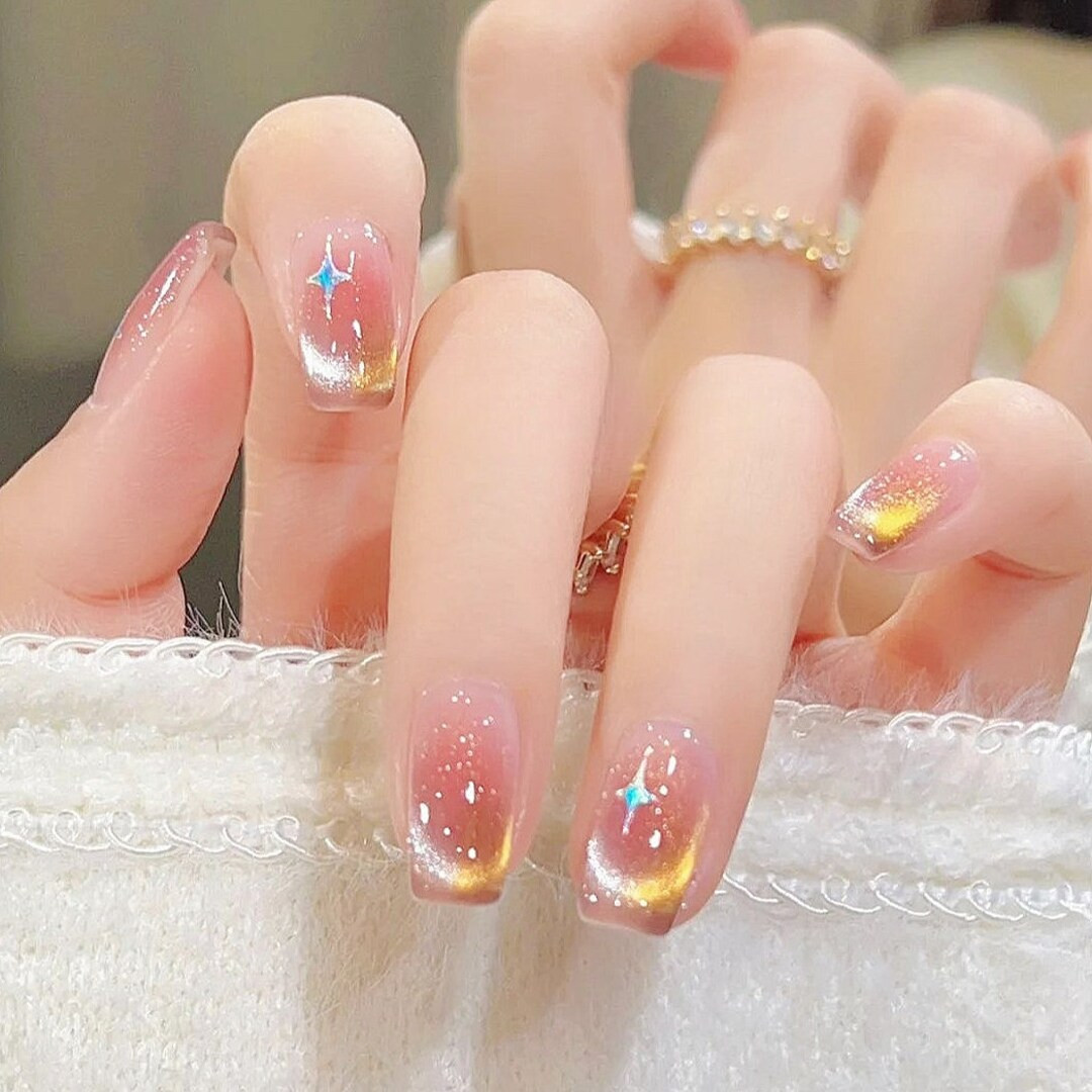 Handmade Blush Silver Gold Double Cat Eye Aurora Fireworks Press on Nails Ombre Nails Cat Eye Nai... | Etsy (US)