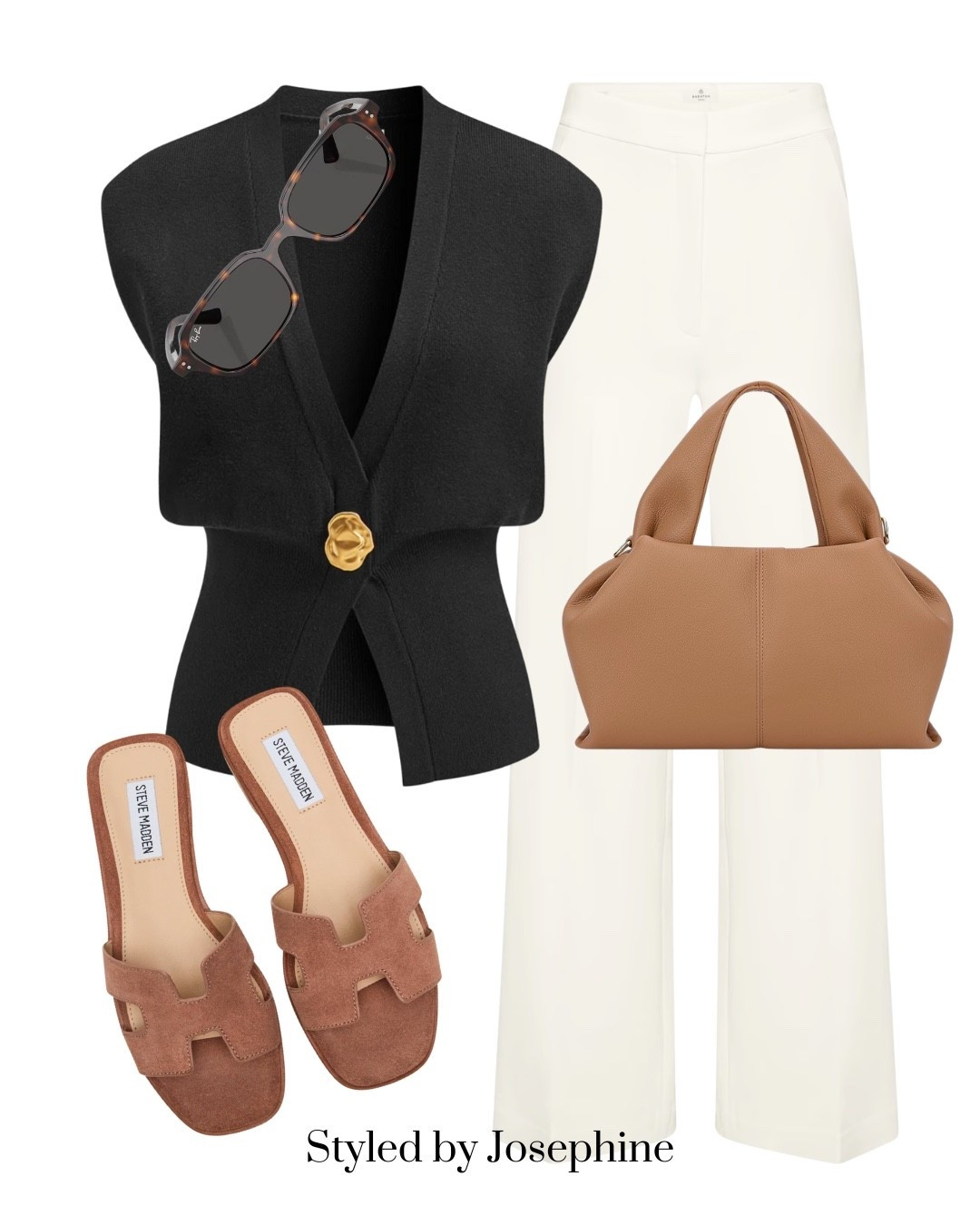When in doubt, go black and white. Add warm tan accessories to soften the contrast and keep it summer-appropriate. Effortless, tailored, and endlessly wearable."

Tags:
black vest top, white wide-leg pants, tan leather bag, brown flat sandals, gold statement brooch, tortoise sunglasses, minimal summer outfit, timeless neutrals, chic everyday style, elevated casual look

#LTKStyleTip #LTKWorkwear #LTKFindsUnder100