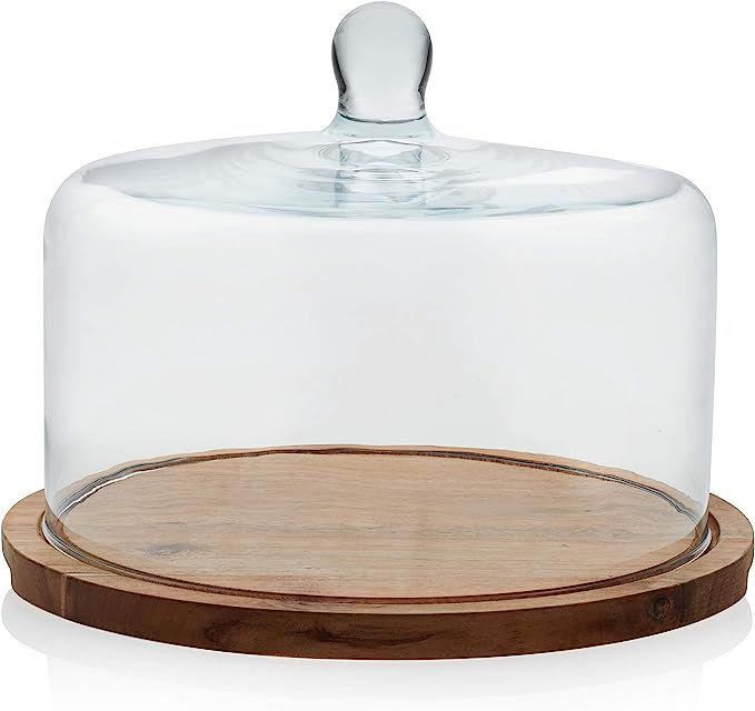 Libbey Acaciawood Flat Round Wood Server Cake Stand with Glass Dome | Amazon (US)