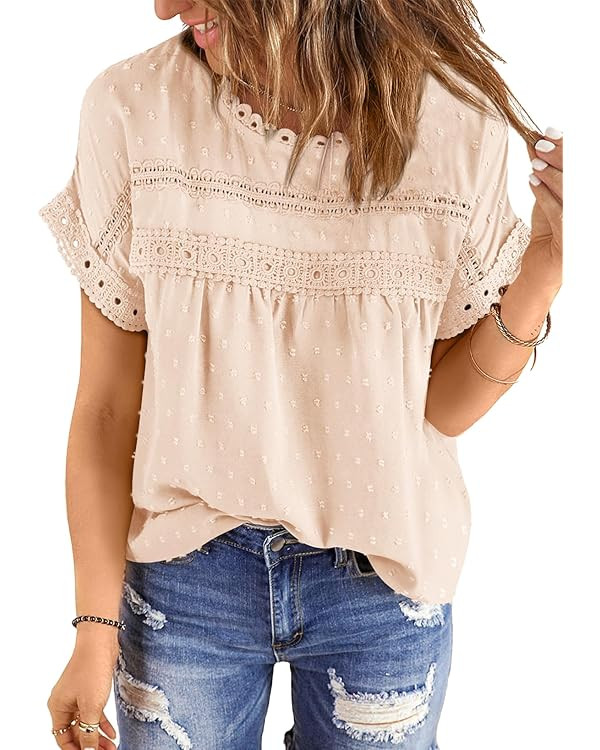 Women's Shirts Summer Casual Crewneck Lace Crochet Short Sleeve Blouses Pom Pom Swiss Dots Chiffo... | Amazon (US)