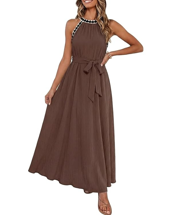 MEROKEETY Women's 2026 Summer Halter Maxi Dress Spring Casual Boho Sleeveless Flowy Swing Beach V... | Amazon (US)