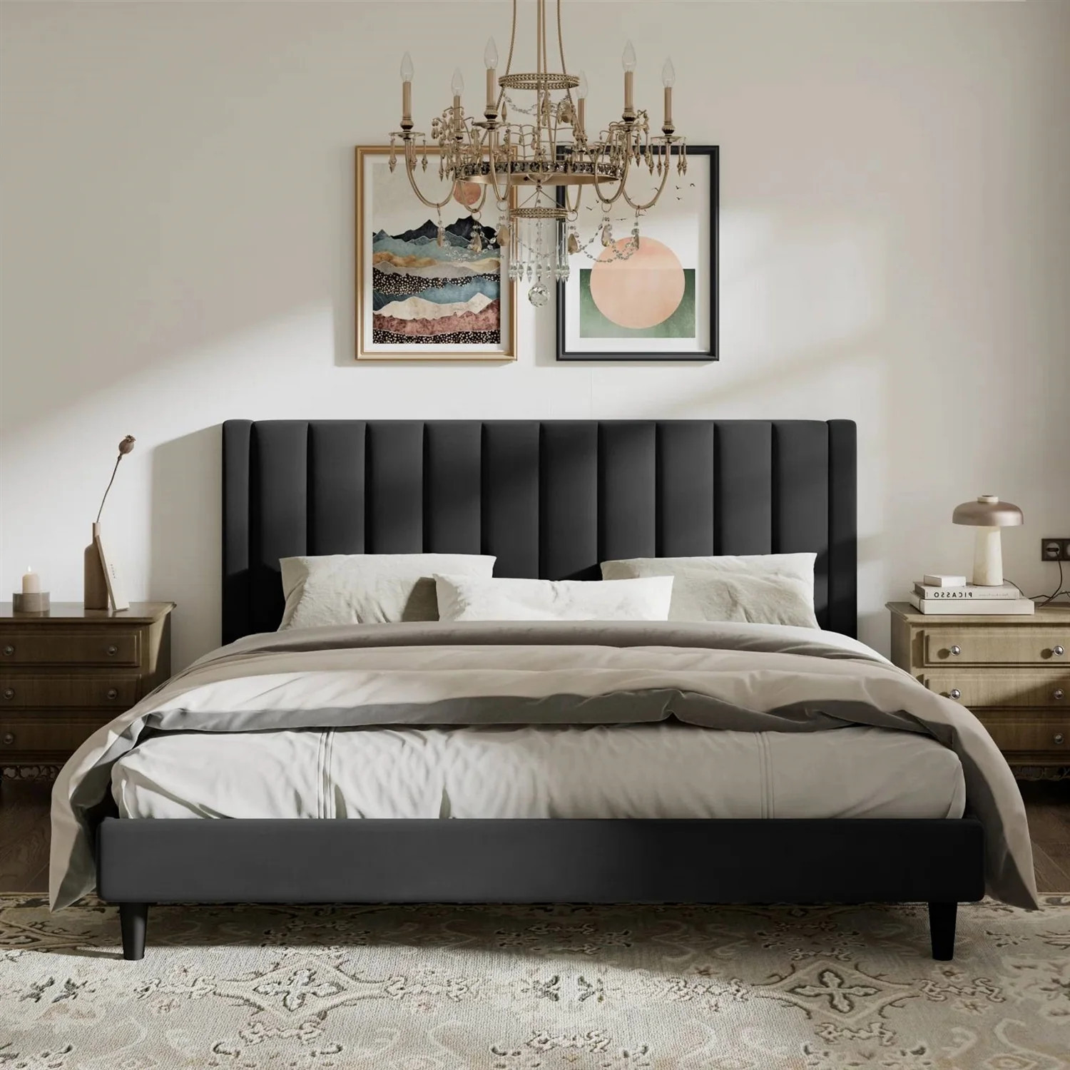 King size Modern Black Velvet Upholstered Platform Bed with Headboard | Shop Simon