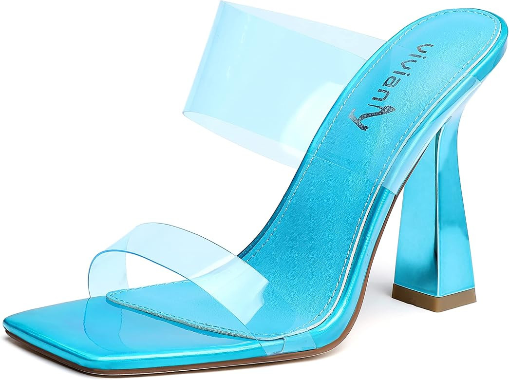 vivianly Women's Clear Heeled Sandals Transparent Straps Chunky Heels Slip on Mules | Amazon (US)