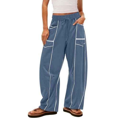 Barrel Sweatpants Women High Waisted Wide Leg Lounge Pants Drawstring Waist Contrast Patchwork Pants with Pocket A-Light Blue | Amazon (US)