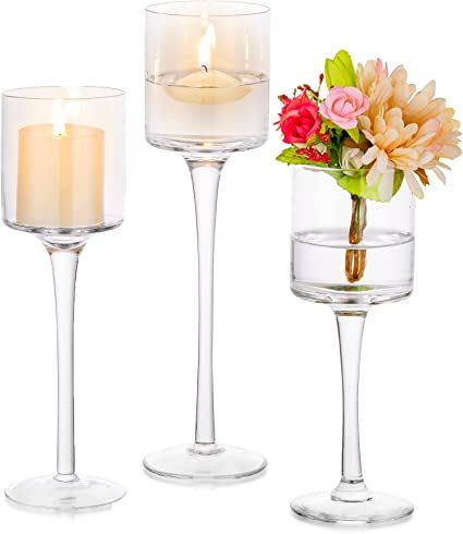 Glass Candle Holder for Table Centerpiece - Tall Tea Lights Candle Holder, Elegant Clear Long Ste... | Amazon (US)