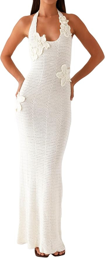 Women Knit Halter Maxi Dress 3D Flower Bodycon Long Dress Sexy Spaghetti Strap Tie Backless Cockt... | Amazon (US)