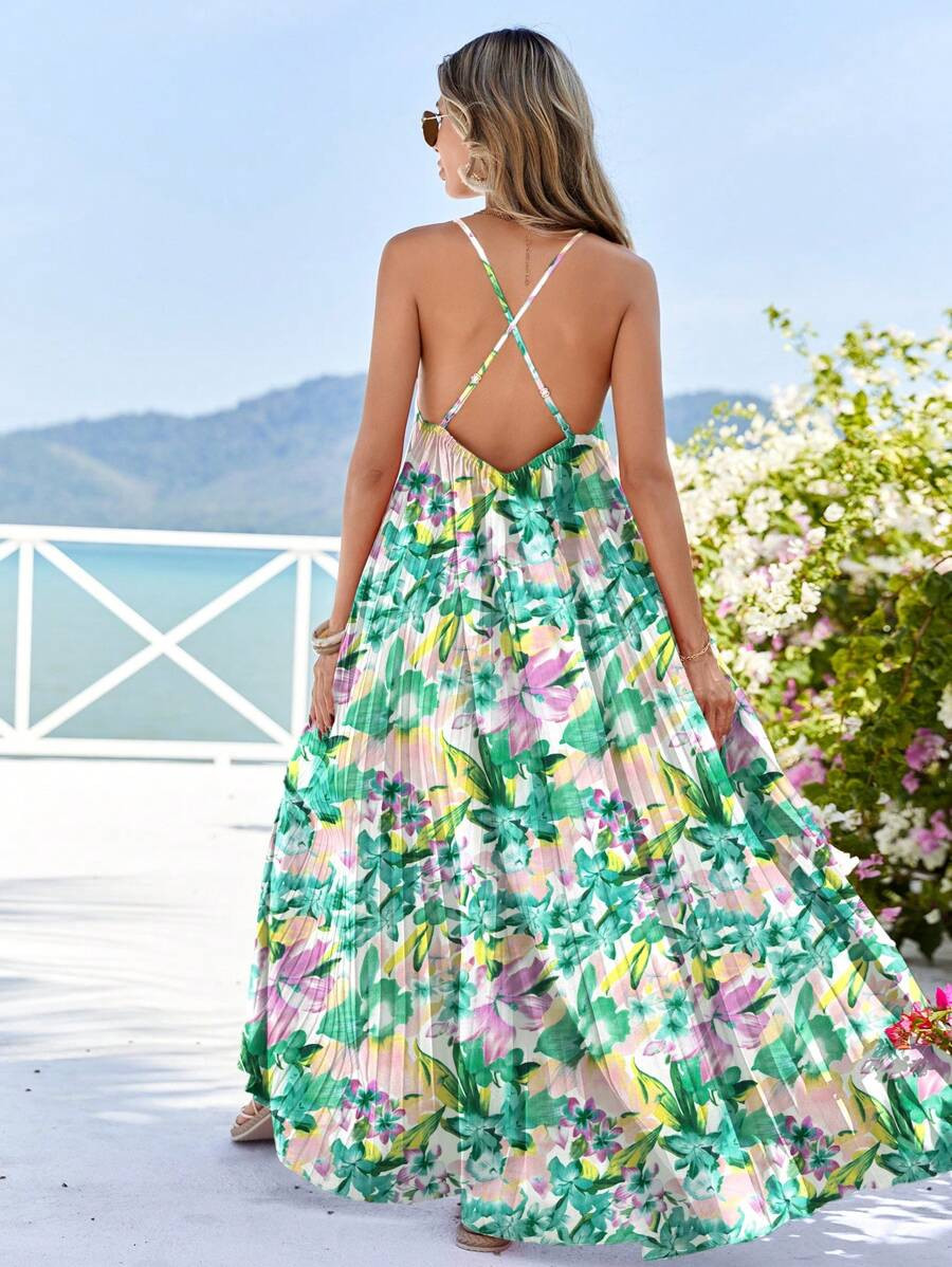SHEIN VCAY Women Spring Summer Large A-Line Pleated Romantic Holiday Floral Print Sling Backless ... | SHEIN