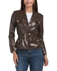 Faux Leather 4 Pocket Jacket With Belt, Polyester/Leather/Gold | TJ Maxx