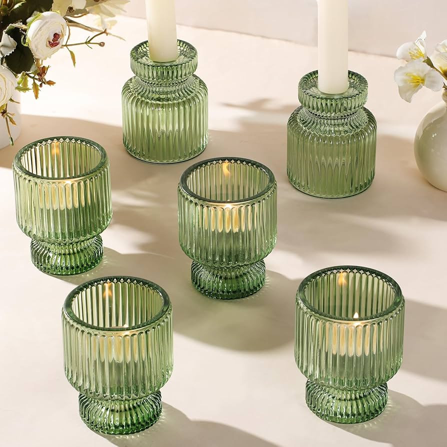 DARJEN 6 Pcs Green Candlestick Holders - Glass Taper Candle Holders Tealight Votive Candle Holder... | Amazon (US)