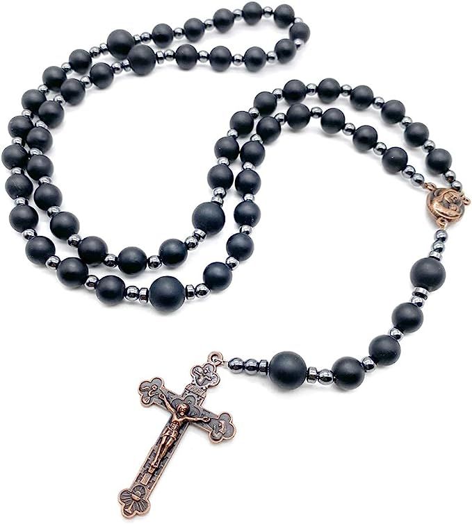 Nazareth Store Black Agate Matte 8mm Beads Rosary Hematite Stones Prayer Jerusalem Holy Soil Meda... | Amazon (US)