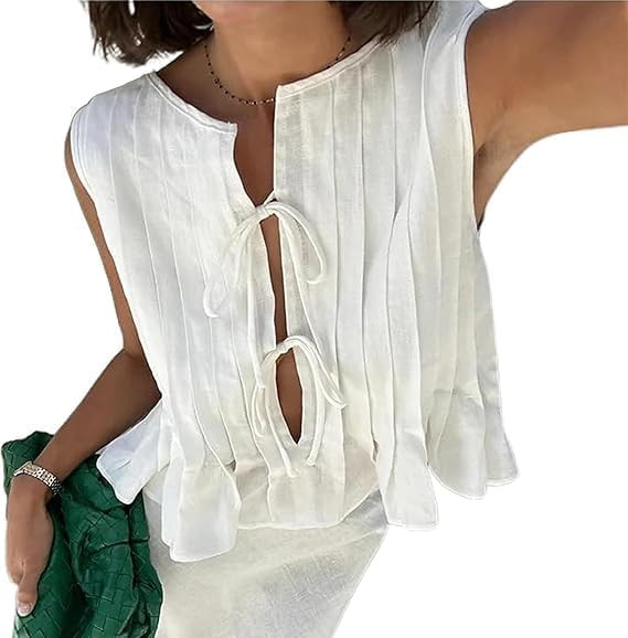 Women Summer Linen Tank Tops Coquette Bow Tie Front Top Shirt Vest Babydoll Ruffle Tops Cute Shir... | Amazon (US)