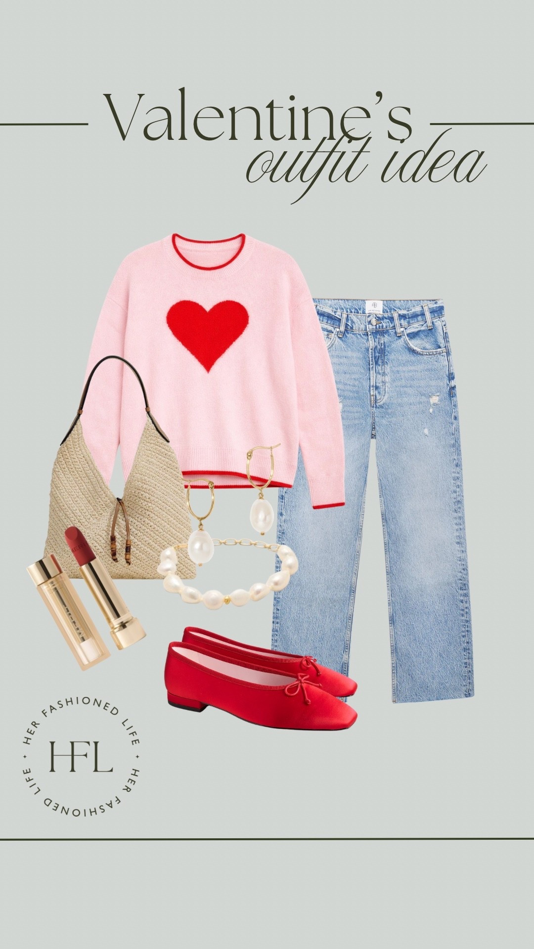 Valentines Day Outfit Idea! Bag & Lip are linked over on my ShopMy! #ValentinesDay #Red #Pink #Belk #Jeans #Jewelry #Quince #JCrew 

#LTKootd #LTKOver40 #LTKValentine