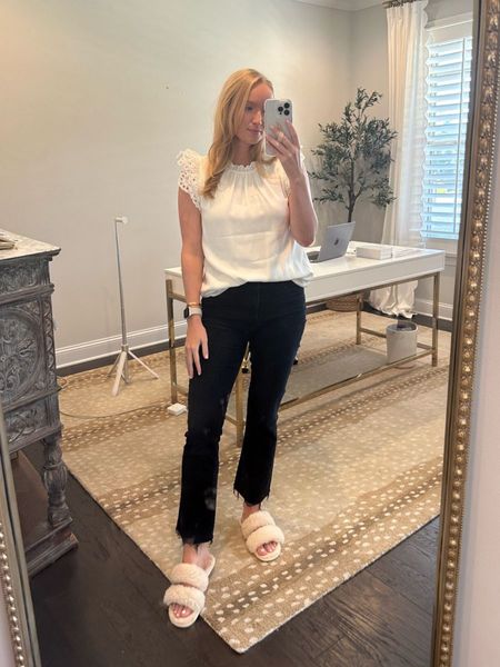 Work from home outfit idea. I love these Mother jeans and eyelet trim top. 

#LTKSeasonal #LTKworkwear #LTKstyletip