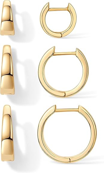 PAVOI 18K Gold Plated Sterling Silver Posts 3 Pairs Small Hoop Earrings Set | Chunky Huggie Hoop ... | Amazon (US)