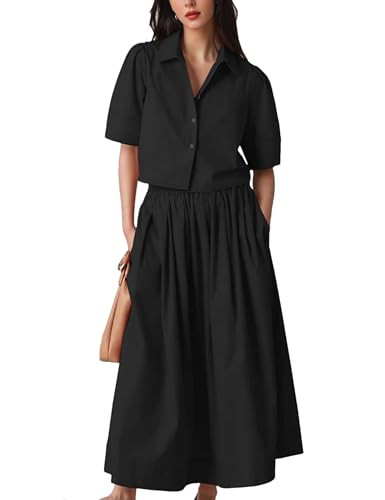 Wanzetaly Womens 2 Piece Outfits Summer Skirt Set Button Short Sleeve Tops and Maxi Skirt Dress Sets with Pockets(0566-BlackX1-L) | Amazon (US)