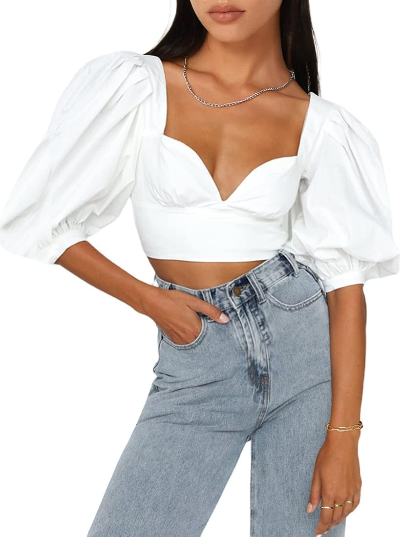 SOFIA'S CHOICE Women's Long Sleeve Crop Top Cute Tops Tie Open Back Blouse | Amazon (US)