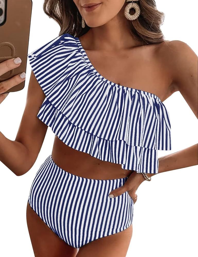 VIMPUNEC Ruffle One Shoulder Swimsuits for Women Cute High Waisted Two Piece Bathing Suits | Amazon (US)