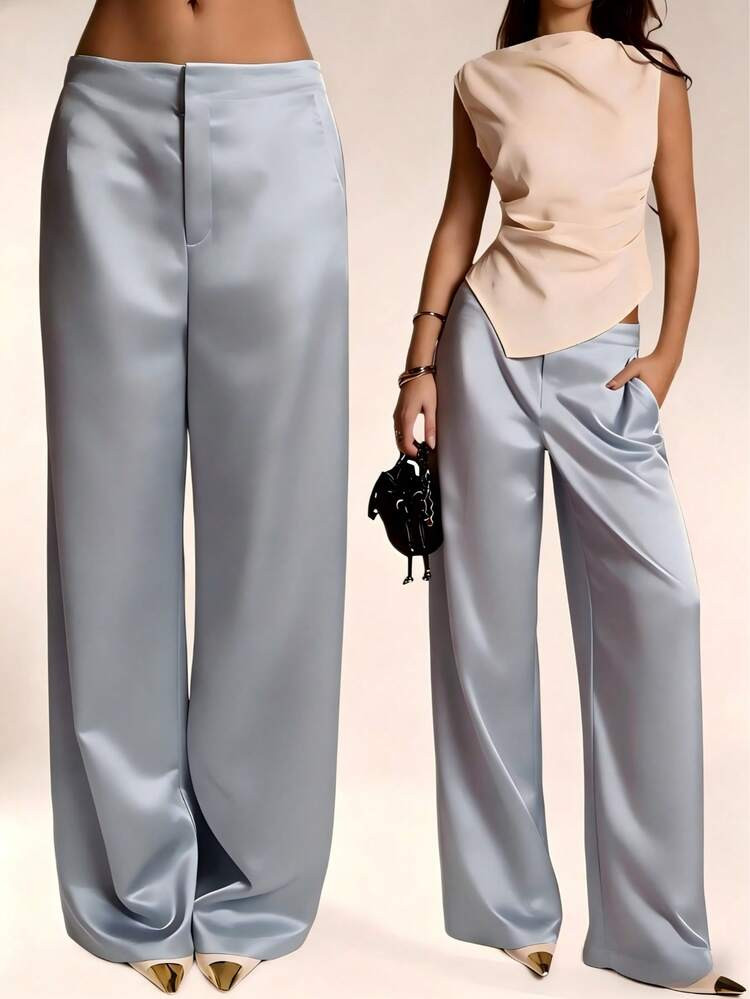 Women's Satin Silk Solid Color Pants With Pockets And Zipper, Suitable For Vacation, Office, Brun... | SHEIN