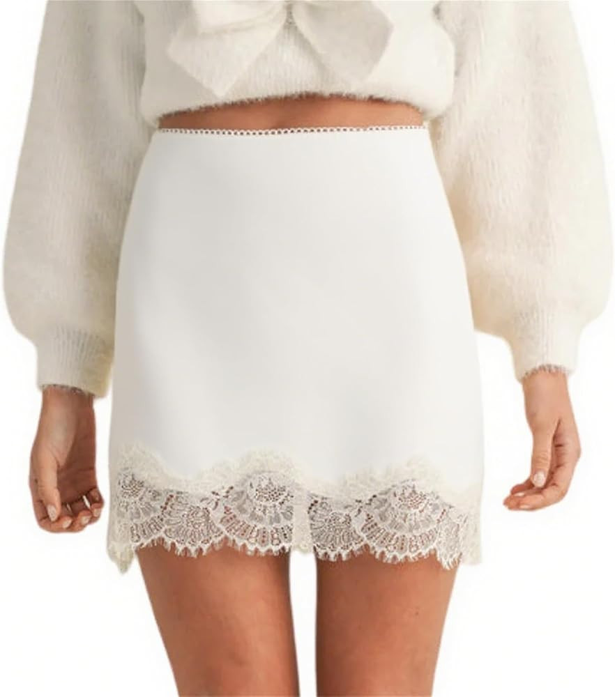 Women Y2k Satin Silky Mini Skirt Solid Color Lace Trim Patchwork Low Rise Short Skirt Cute Retro ... | Amazon (US)