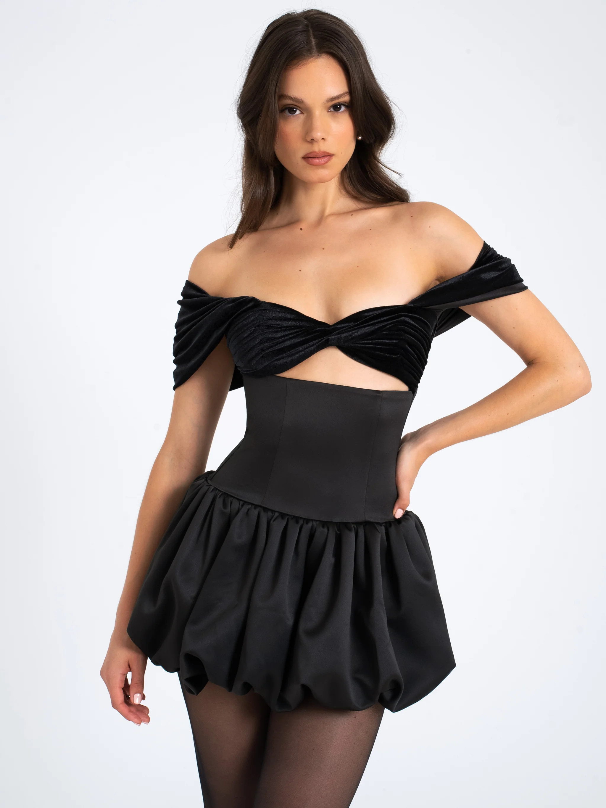 Gabby Black Velvet Top Bubble Hem Mini Dress | Miss Circle