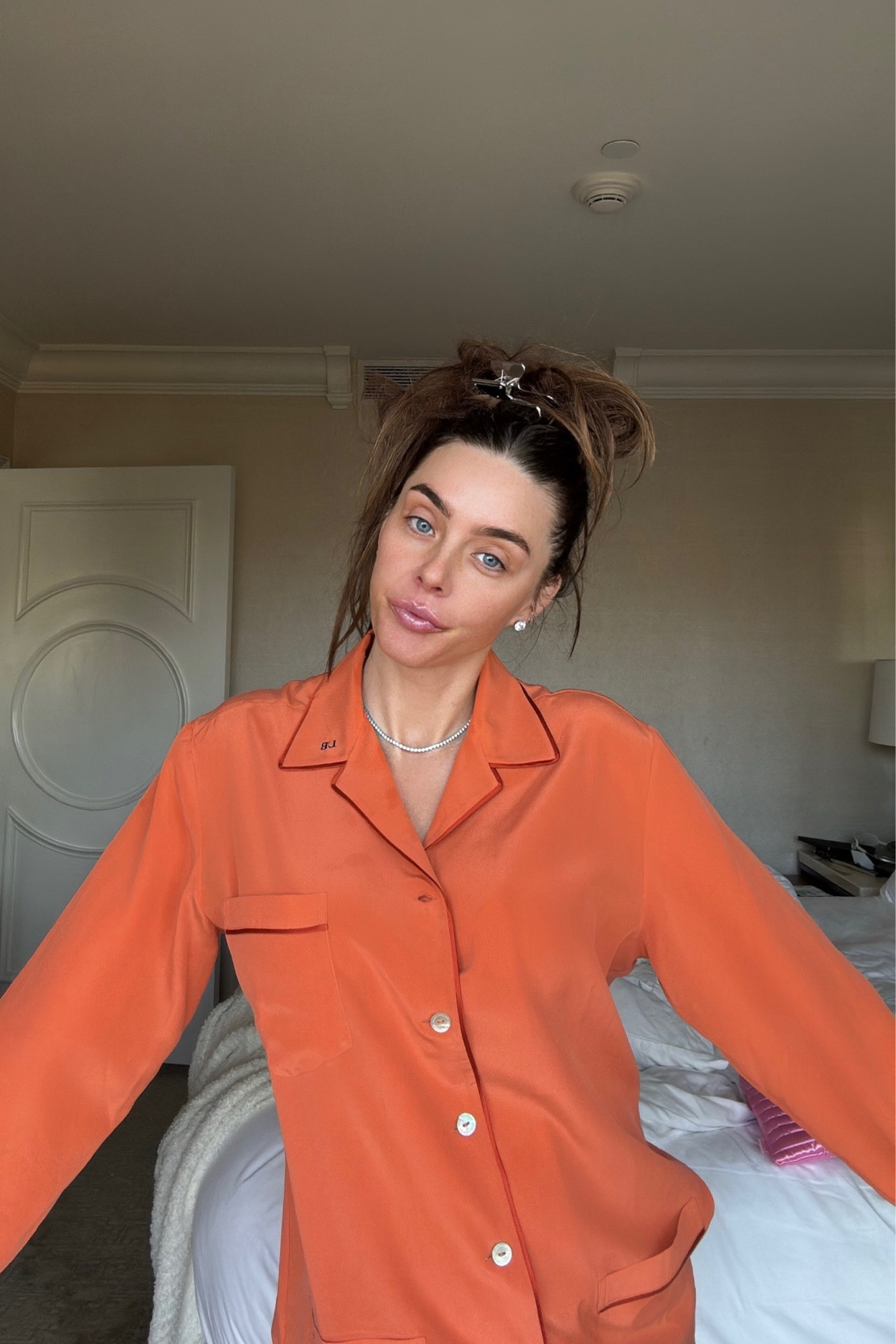 My morning outfit & routine. Pajamas are Olivia von Halle but linked similar 🧡