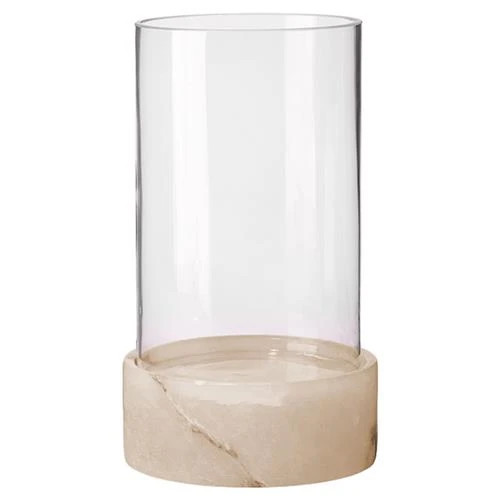 Tia Modern Beige Alabaster Glass Hurricane Candleholder - Short | Kathy Kuo Home
