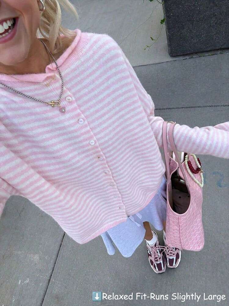 Vivid Style Autumn/Winter New Women's Fashion Street Style Loose Striped Knit Cardigan, Suitable For Street, Airport, Christmas, New Year | SHEIN