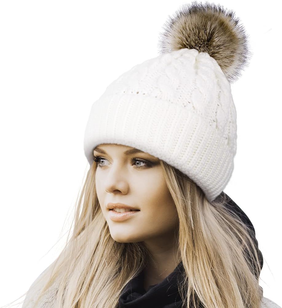 Livingston Women's Winter Soft Knit Beanie Hat with Faux Fur Pom Pom Warm Skull Cap Beanies for Wome | Amazon (US)