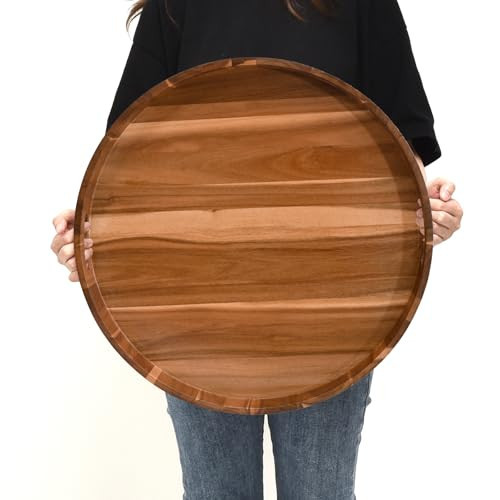 20 Inch Extra Large Round Serving Tray HeavyDuty Acacia Wood Tray for Oversized Ottoman Coffee Table and Counter Giant Decorative Organizational Tray Extensive Kitchen Serveware | Amazon (US)