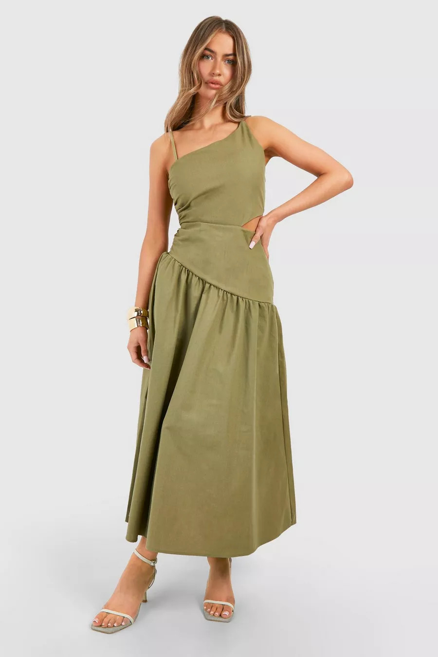 Linen Cut Out Asymmetric Midaxi Dress | Boohoo.com (UK & IE)