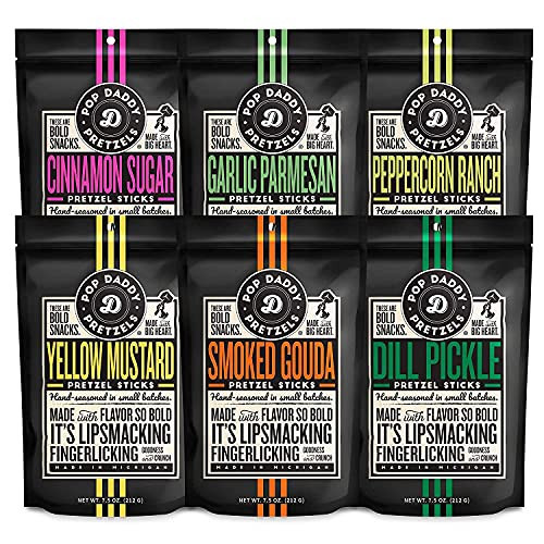 Pop Daddy Flavored Pretzels Sticks, Healthy Gourmet Pretzels, 7.5oz Variety Pack, 6 Pack, Garlic Parm, Cinnamon Sugar, Peppercorn Ranch, Smoked Gouda, Dill Pickle, Yellow Mustard | Amazon (US)