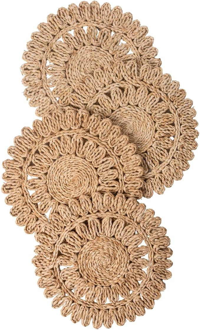 Laquedecraft 15" Set of 4 Round Corn Husk Placemats | Boho Woven Rattan Table Mats | Farmhouse Wi... | Amazon (US)