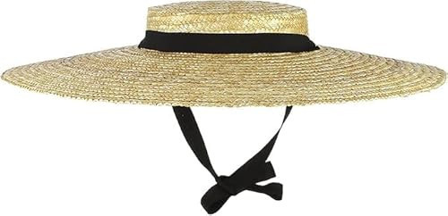 Peosaard Wide Brim Straw Hat Women, Straw Boater Hat for Women Beach Breathable Woven Straw Hat UV Protection with Chin Strap & Lining Vintage Floppy Wide Brim Straw Hat, Black Strap, Boater Hat | Amazon (US)