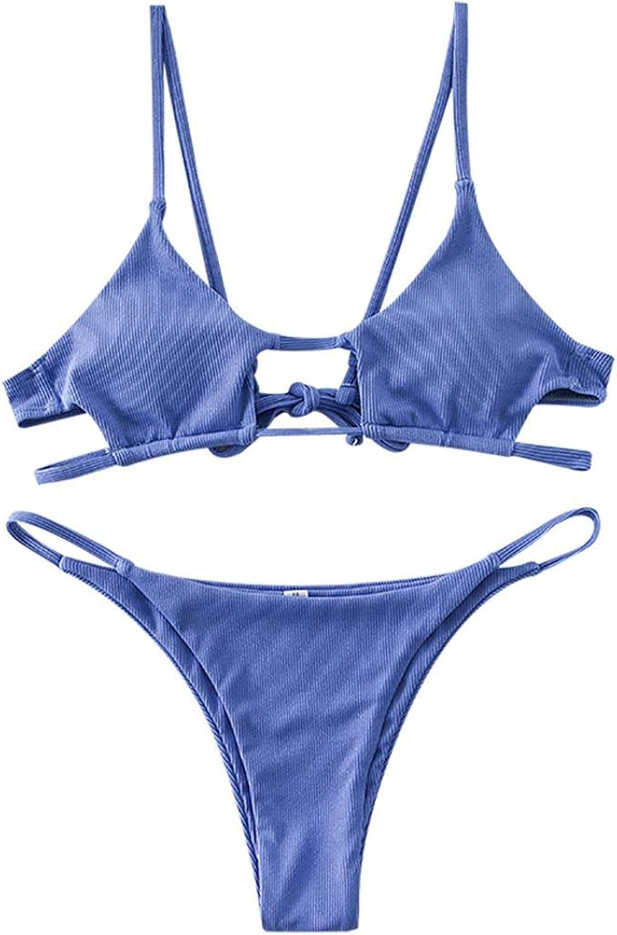 ZAFUL Women's Cutout Spaghetti Strap Lace Up Ribbed Cami Bikini Set Swimsuit | Amazon (US)