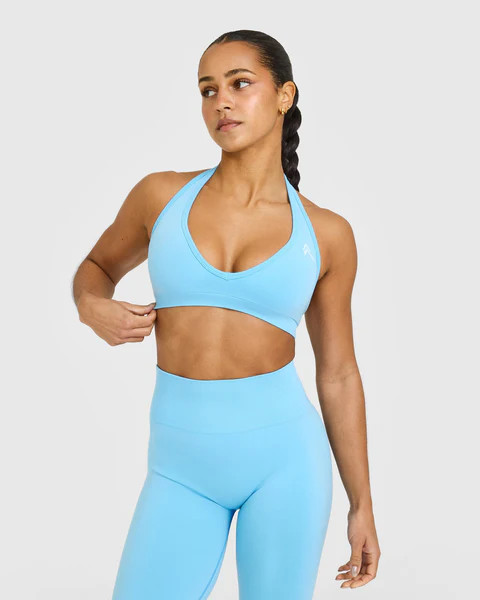 EffortlessLift™ Seamless Halter Neck Sports Bra with White Logo 
 Arctic Blue | Oner Active (UK / US)